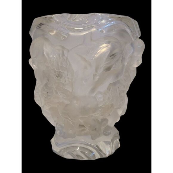Vintage Desna Czech Semi Frosted Crystal Cherubs & Floral Vase 7.25" Tall EUC - Picture 1 of 13